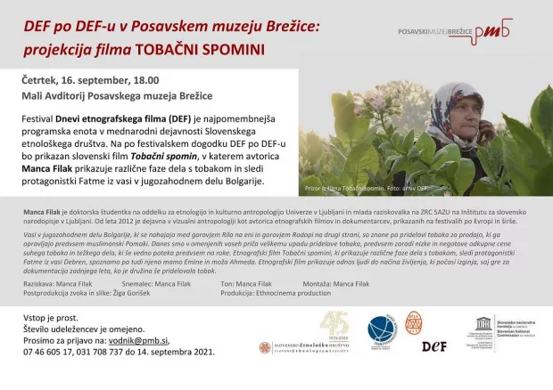 DEF PO DEFU: projekcija filma Tobačni spomin, 16. septembra 2021, ob 18.00, Posavski muzej Brežice